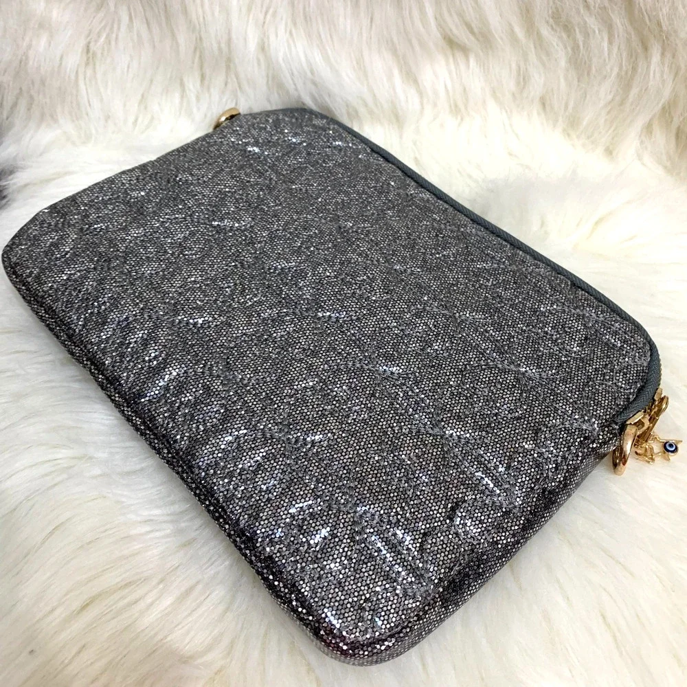 DEUX LUX Metallic Silver Glittery Embossed Zip IPAD Tablet Case with XBody Strap